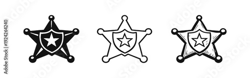 Sheriff Star Badge with Shield Icon Set in Black, Outline, and Doodle Styles