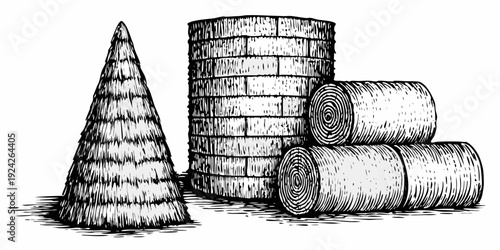 Black and white illustration of stacked cylindrical and conical hay bales