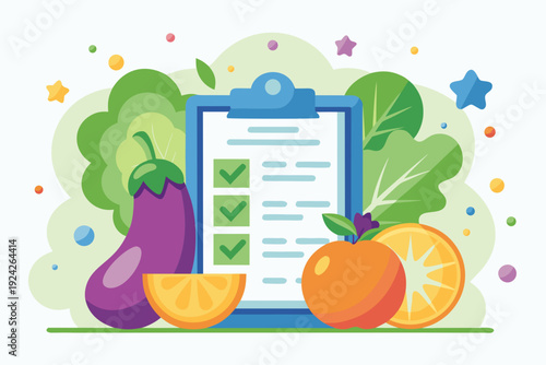 Healthy eating checklist with fresh vegetables and fruits illustration