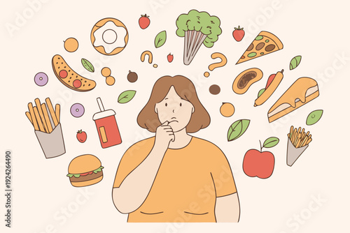 Woman contemplates a variety of foods facing a difficult decision