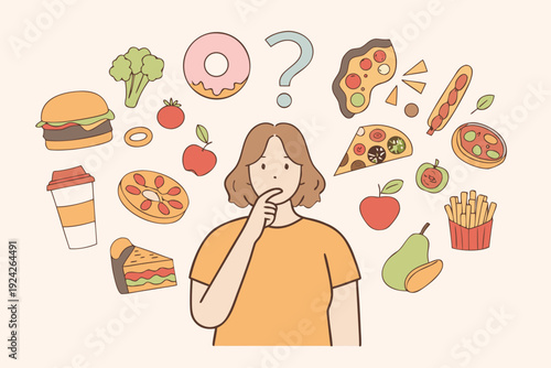 Woman contemplating a variety of food choices feeling indecisive