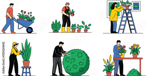 Flat vector illustration set of people gardening and caring for indoor and outdoor plants featuring characters pruning bushes using wheelbarrows and potting flowers for hobby and greenhouse business.