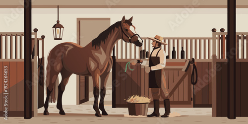 A groom tending to a brown horse within a stable environment