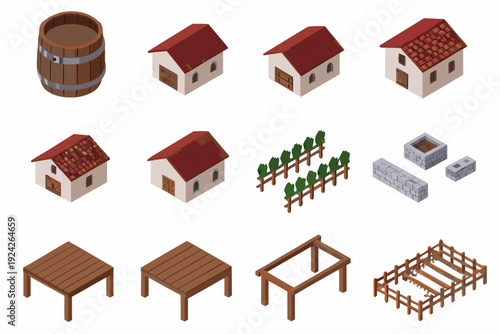Isometric village elements including houses barrels and wooden structures