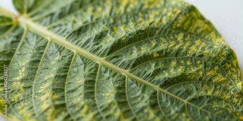 Leaf with yellow spots shows natural patterns. Green leaf texture appears in macro detail. Green leaf exhibits diagonal composition and structure. Foliage detail shows yellow variegation on green. 
