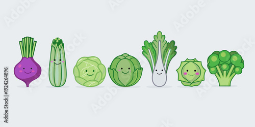 Cute cartoon vegetables with smiling faces arranged in a horizontal row