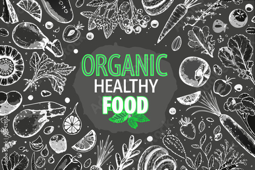 A chalkboard illustration promoting organic healthy food with various vegetables