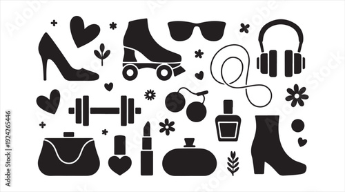 Beauty, Shopping and Fitness Symbol Set with Heels, Perfume and Headphones