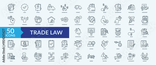 Trade Law - Icon Collection. Thin Outline Set contains such Icons as licensing, check, invoice, logistics and more. Simple web icons set