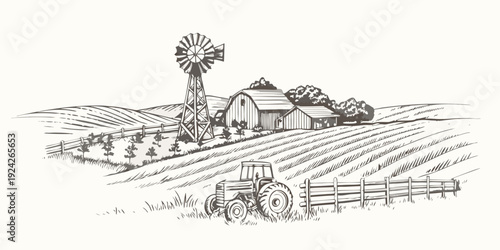 A vintage illustration depicts a rural farmland scene with a tractor