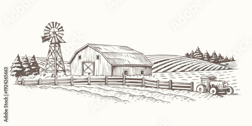 A vintage farm scene featuring a barn windmill and tractor illustration
