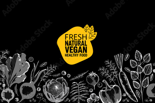 Fresh natural vegan and healthy food concept with sketched vegetables