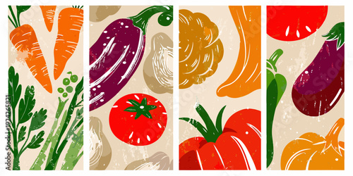 A vibrant collection of illustrated vegetables in vertical panels