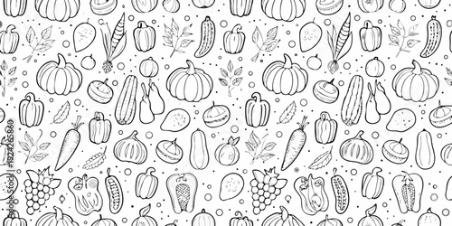 Detailed black and white illustration of various autumn harvest vegetables