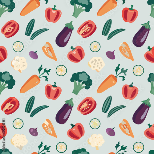 Colorful pattern of various fresh vegetables on a light blue background
