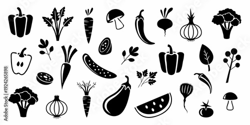 Black silhouette collection of various fresh vegetables and fruits