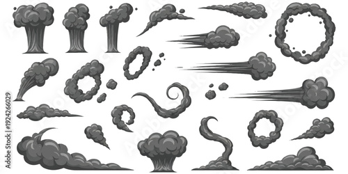 A set of cartoon smoke and cloud effects including explosions, trails, and swirling plumes for graphic design