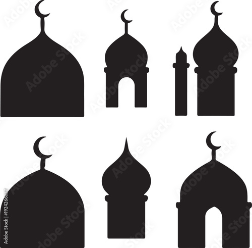 Various mosque dome and minaret silhouette set Islamic architecture