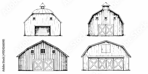 Detailed sketches of four different barn structures in black and white