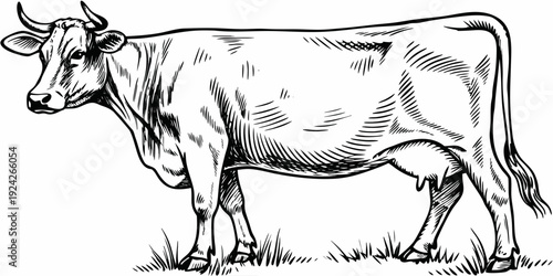 Detailed sketch of a brown cow standing in a grassy field