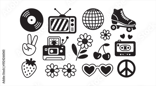 Funky Hippie and Media Silhouette Icons Bundle Isolated on White Background