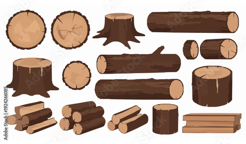 Realistic Wood Logs and Tree Stumps Vector Set with Detailed Bark Texture for Forestry and Construction