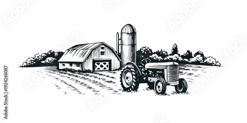 Vintage farm scene featuring a tractor barn and silo illustration