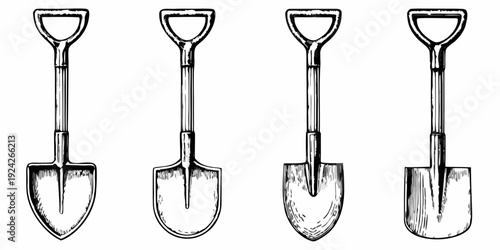 Four vintage shovel illustrations arranged in a horizontal row