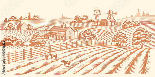 A vintage style illustration depicts a peaceful rural farm landscape scene