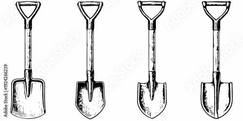 Four vintage style shovels illustrated in a black and white engraving