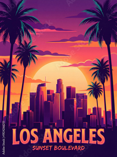 los angeles sunset boulevard poster with palm silhouettes and skyline