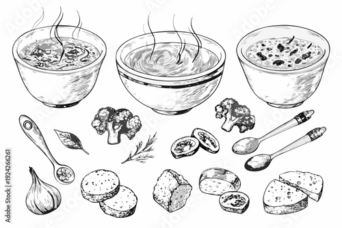 Sketch of three bowls of soup with accompanying vegetables and bread