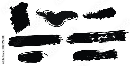 Brush strokes, black ink lines, vector abstract set with paint brush grunge texture on white background. Paintbrush strokes and ink smear stains