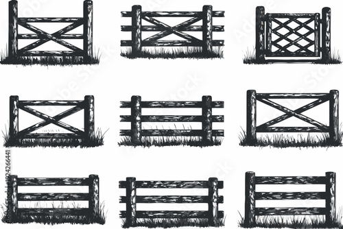 A collection of nine black and white illustrations of wooden fences