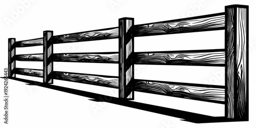 Black and white illustration of a wooden post and rail fence