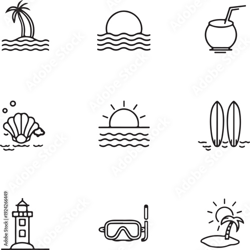 Summer vector icon set. Icons, signs and banners. Collection elements for summer holidays, travel, tourism