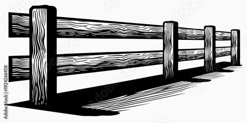 A black and white illustration of a wooden rail fence receding into space