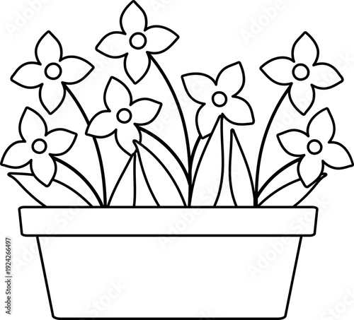 Outdoor Garden Flower Pot Line Art Clipart.
Blooming Flower Pots Coloring Page Template.
Spring Garden Potted Plant Outline.
Transparent background.svg
