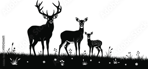 Black silhouette of deer family on grassy hill with flowers buck fawn