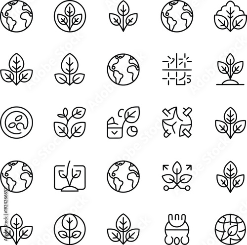   
Minimalist eco vector icons set featuring sustainability nature conservation recycling renewable energy environment awareness collection
