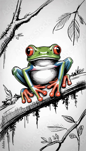 Vector illustration of a tree frog on a tree, drawn by hand with a black pen and markers.