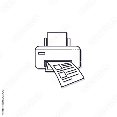 Outline Office Printer Outputting Document, Business Productivity Concept, Isolated White Background