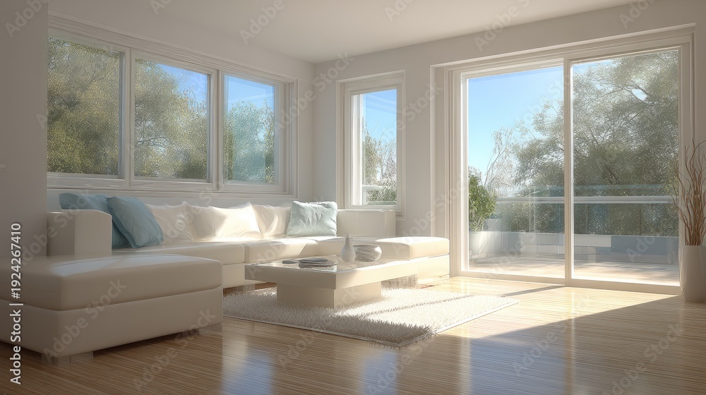 Fototapeta premium Bright and Airy Living Room with Modern Furniture, Large Windows, and a Cozy Atmosphere Inviting Natural Light and Tranquility