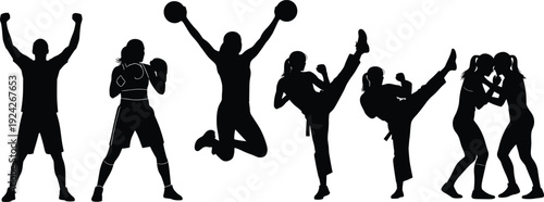 Black silhouettes of people exercising and playing sports
