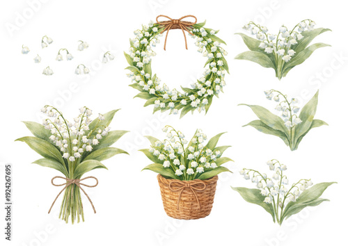 水彩すずらんのフラワーセット リースと花束のナチュラルボタニカル素材