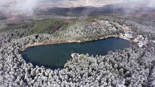 Snowfall, nature, aerial drone footage of winter landscape with trees. Winter landscapes of Bolu, Türkiye.