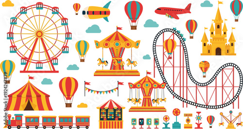 Amusement park set with ferris wheel, roller coaster, carousel, carnival tent, castle, hot air balloons, and circus icons vector illustration.