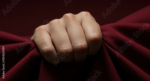 Closeup of Hand Grasping Red Fabric in Low Key Lighting – Passion, Desire, Strength, Sensual Tension, Power and Emotional Intensity Concept on Dark Red Background