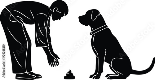 Man picking up dog poop with dog sitting nearby black white