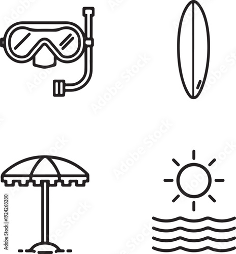 A curated collection of black outline icons depicting essential summer vacation and beach holiday elements